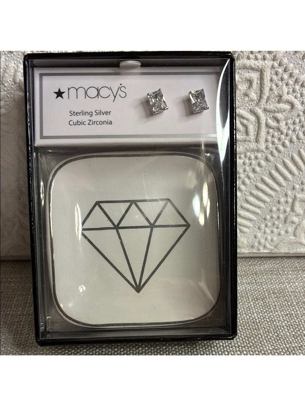Macy's Sterling Silver Cubic Zirconia Studs with ceramic jewelry dish